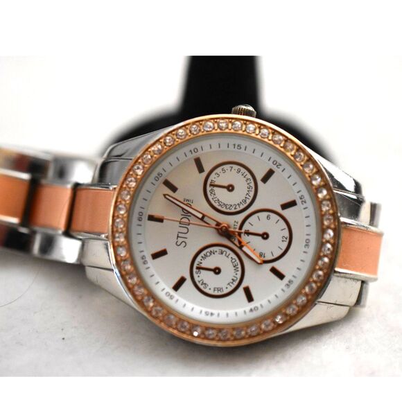 Studio Stunning Rose/Silver Tone Link Band Rhinestone Accent New Battery Watch - Picture 2 of 3